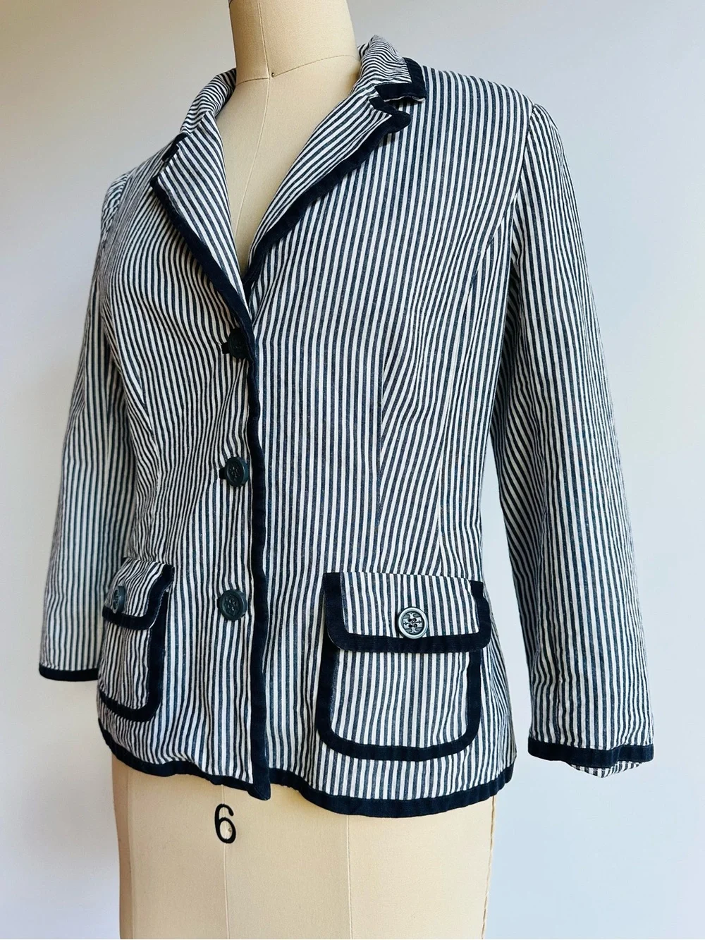 Vintage Tory Burch Seersucker Stripe Linen Cotton Blazer Jacket Navy Preppy